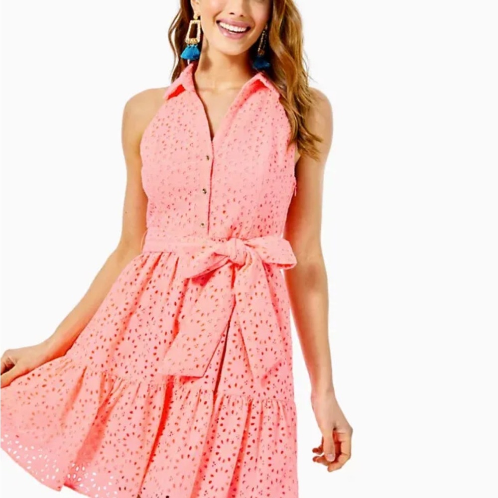 Trisha Shirtdress Shellona Coral Eyelet Sleeveless - Picture 5 of 13